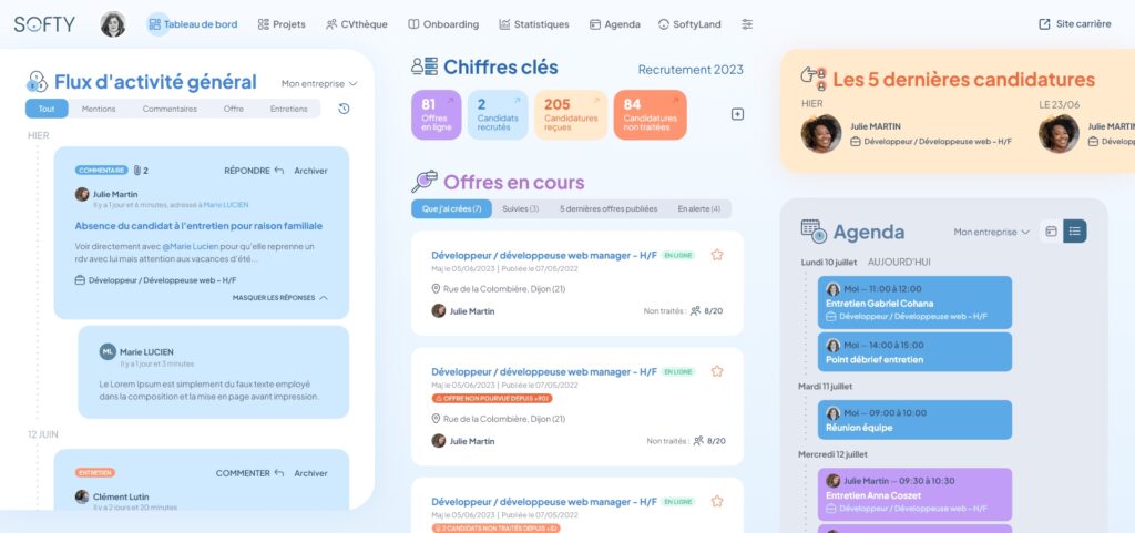 page d'accueil logiciel de recrutement Softy- gestionnaire de talents Altagile